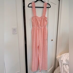 Showpo Peach and White Gingham Smocked Strap Jumpsuit
